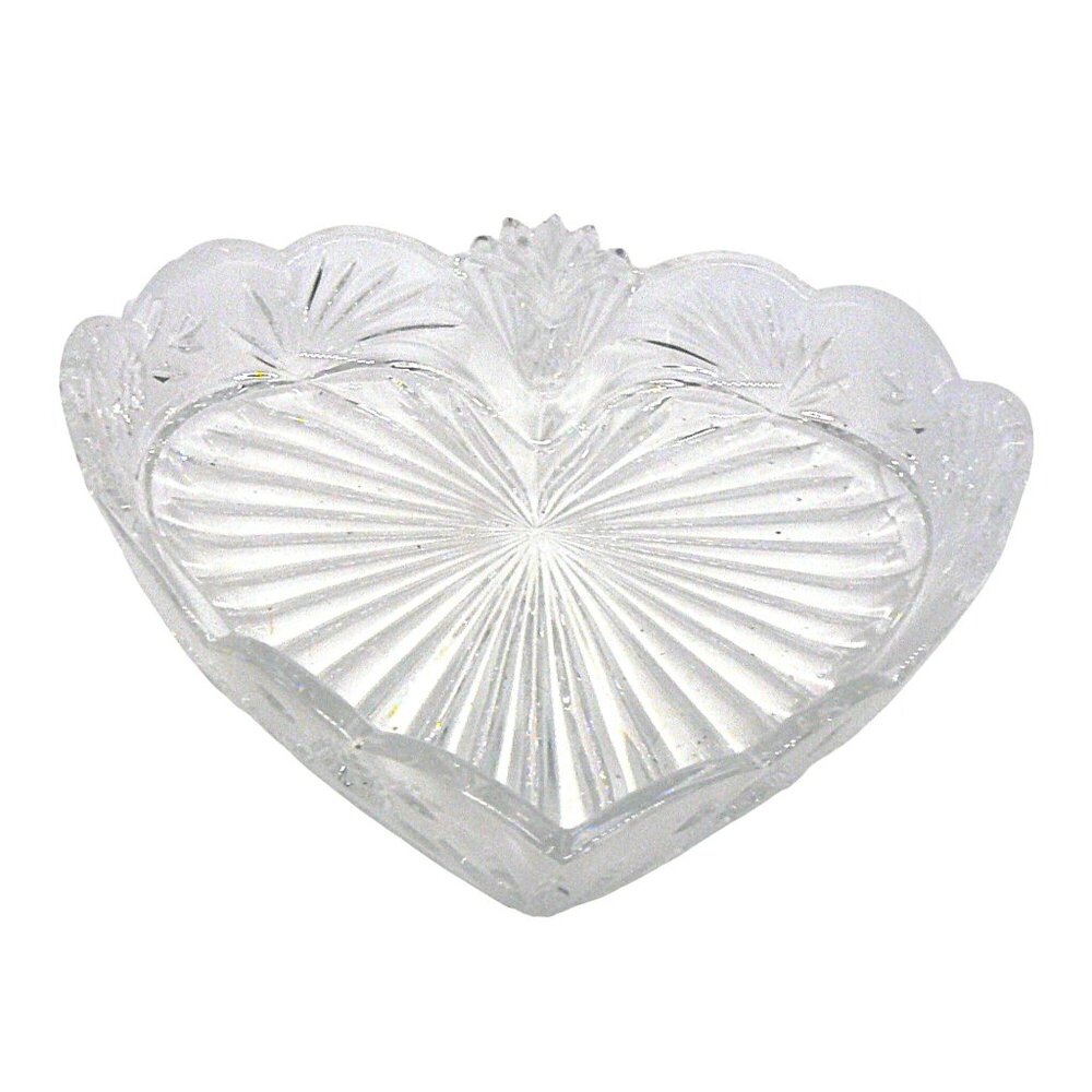 Vintage Heart-Shaped Clear Glass Trinket Dish with Floral Etching & Starburst Pa